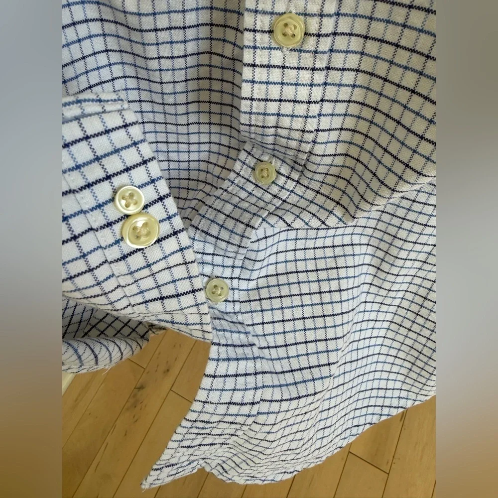 Ralph Lauren |  White and Blue Checkered Button Down Cotton Shirt | 14